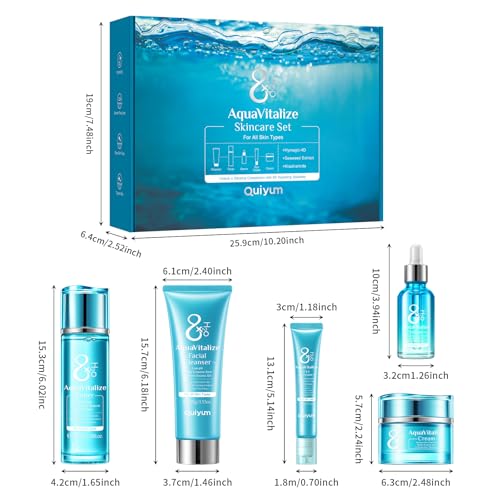 QUIYUM AquaVitalize 8X H2O Complete Face Skincare Kit, Women's Beauty Routine Gift Set, 5 Pieces with Cleanser, Tonic, Eye Cream, Serum, Moisturizing Face Cream