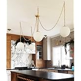 Swag Pendant Light Chandelier with Brass Chain, White Glass Globe Shades