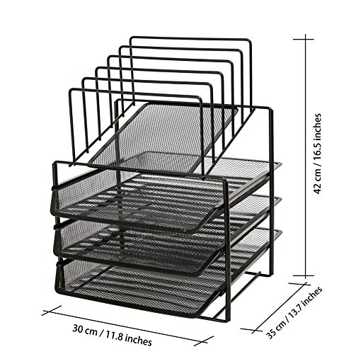 Exerz Desk Organizer Wire Mesh 3 Layer Sliding Letter Trays with 5 Upright Sections/Dividers/Paper Sorter/Desk Multifunctional File Holder Filing Shelves for Office, School Black (EX2428-BLK)