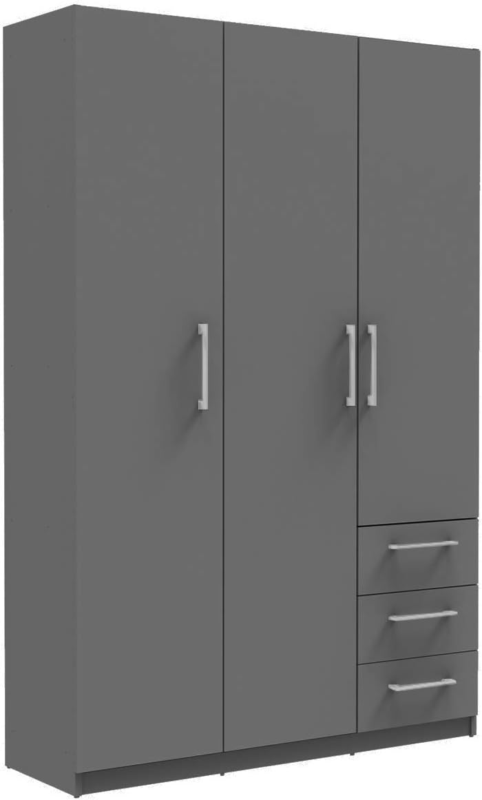 3 Door Wardrobe 3 Shelves 3 Drawers Bedroom Cupboard Large Storage Space 1.2m Wide (Grey)