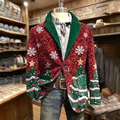 Christmas Corduroy Blazer for Men Ugly Christmas One Button Blazers Casual Lapel Suit Jacket Party Holiday Jack with Pockets
