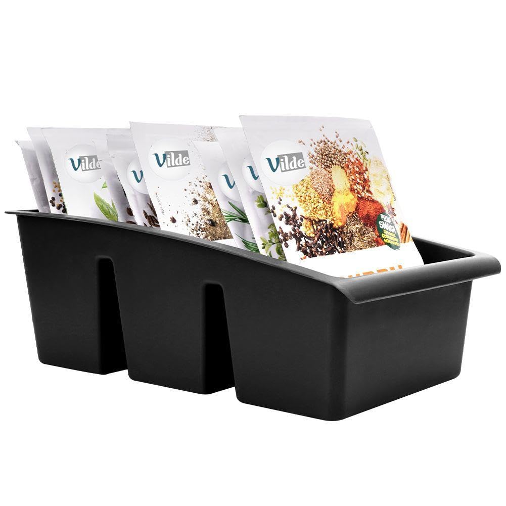 Vilde Kitchen Organiser, Storage Box for Spices, Bag Soups, Spice Sorter with 3 Compartments, Black, 25 x 15 x 9 cm, Made in the EU