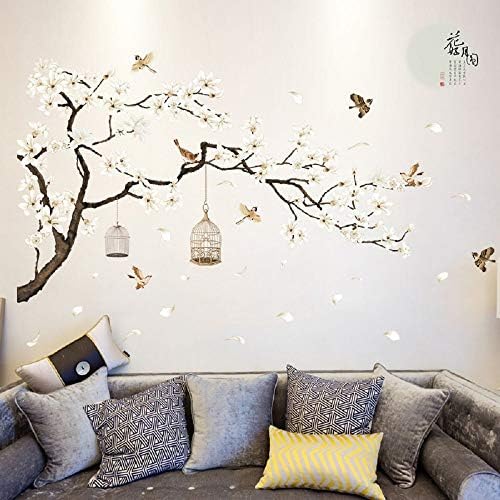 Chinese Style White Flowers Black Tree Wall Sticker DIY Decor Decal - 50"x74"