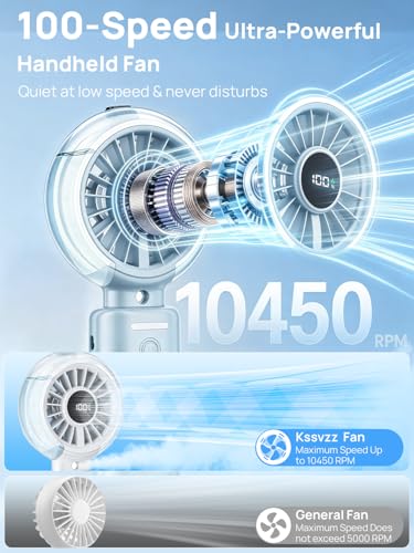 Kssvzz HandHeld Misting Fan Portable - 100 Speeds Electric Hand Held USB Rechargeable Cooling Fans with Mist, 6000mAh Battery Personal Small Mini Foldable Desk Desktop Fan for Travel Outdoor (Blue)