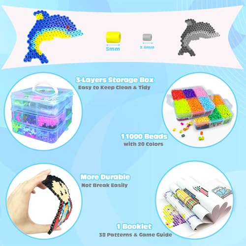 Iron-on Beads, 11000 Pieces Fuse Beads 20 Colors Set with Storage Box, User Guide, DIY Jewelry Design, Creative and Craft, for Children Birthday Christmas (5mm)