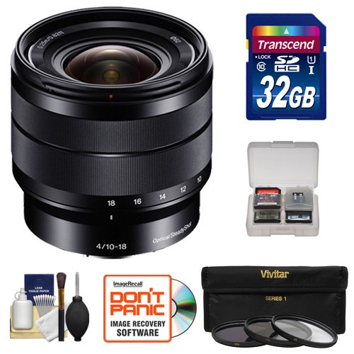 Sony Alpha E-Mount 10-18mm f/4.0 OSS Wide-Angle Zoom Lens with 32GB Card + Case + 3 Filters Kit for A7, A7R, A7S Mark II, A5100, A6000, A6300 Cameras