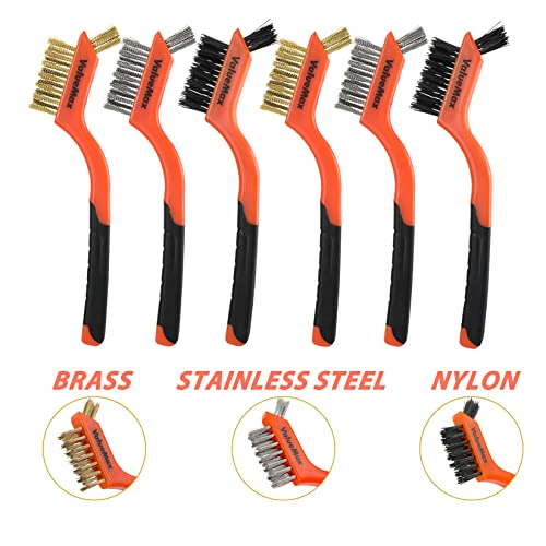 ValueMax Wire Brush Set 8Pcs Stainless Steel/Brass/Nylon Bristles with Curved Handle Grip, Heavy Duty Stainless Steel Wire Scratch Brush with Beechwood Handle for Rust, Dirt and Paint Cleaning