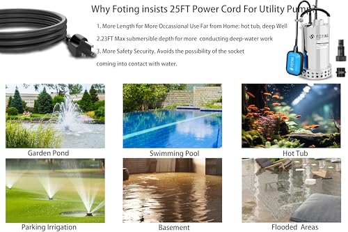Full 304 Stainless Steel Submersible Water Pump 1HP 4600GPH with Automatic Float Switch, Utility Pump for Pool Draining Fast Water Removal in Basement Sewage Heater Flush Pit Hot Tub Garden Pond