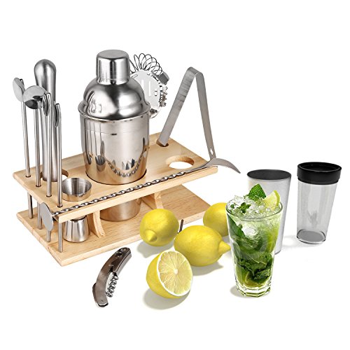 14 Piece Cocktail Shaker Set - Bar Accessories: Cocktail Shaker, dual capacity jigger, 4 drink stirrer, cocktail muddler, ice tongs, mixing spoon, 2 bottle poures, wine opener, and Wooden Gift Box