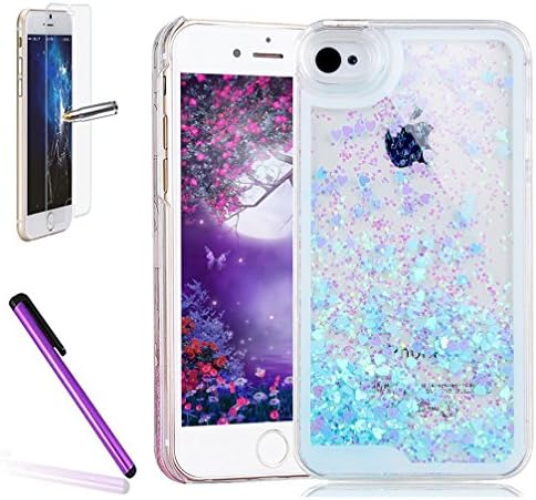NEWSTARS iPhone 5 5s SE Glitter Liquid Sequin Case ,Dual Layer Design Bling Dynamic Flowing Quicksand Case Cover for iPhone 5 5S SE ,Fashion 3D Creative Deasign Cute Funny Floating Sparkle Bling Glitter Star Clear Plastic Hard Back Shell Case Cover for iPhone 5 5S SE + 1pcs Tempered Glass Screen + 1 Stylus Pen Fluorescent Heart : Blue