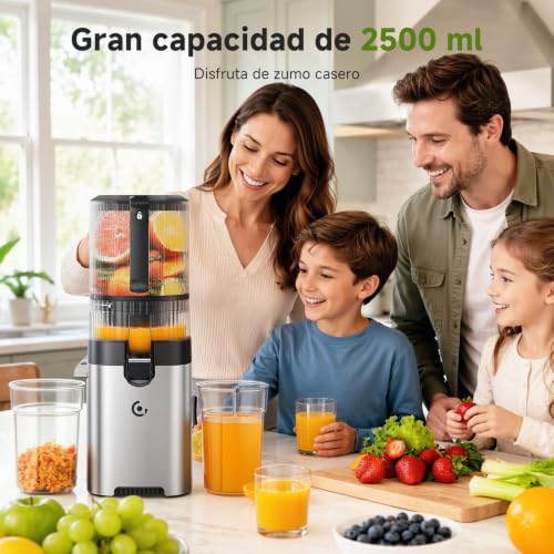 AMZCHEF Juice Extractor, Slow Juicer with XL Opening of 158MM, Capacity of 2.5L, Cold Pressed Blender for Whole Fruits and Vegetables, Stainless Body, Easy Assembly and Cleaning, Silver/Black