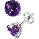 KOKAV Round Genuine Amethyst 8 mm Stud Earrings in 14K White Gold