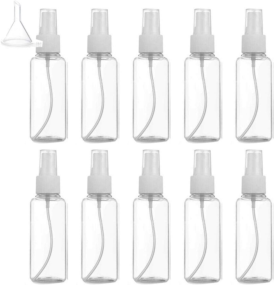 EUYuan 50ml Spray Bottles Set, 10 PCS Fine Mist Cosmetic Travel Bottles Set with Funnel Transparent Liquid Containers Plastic Toiletries Set 50ml