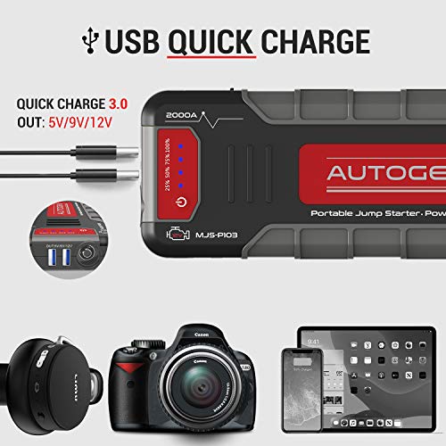 AUTOGEN 2000A Portable Car Jump Starter, 12V Lithium Battery Charger with USB Quick Charge 3.0, 74WH High Power Bank Battery Jumper Box Pack Booster for Cars Trucks SUV - Thumbnail 3