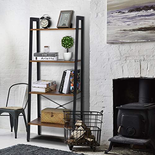 image for KINGSO Industrial Ladder Shelf 4-Tier Shelves Vintage Rustic Storage R