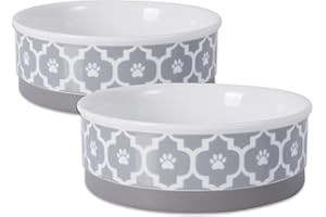 Bone Dry Paw Print Ceramic Pet Bowl, Lattice Collection, Medium Set, 6x2", Gray, 2 Count