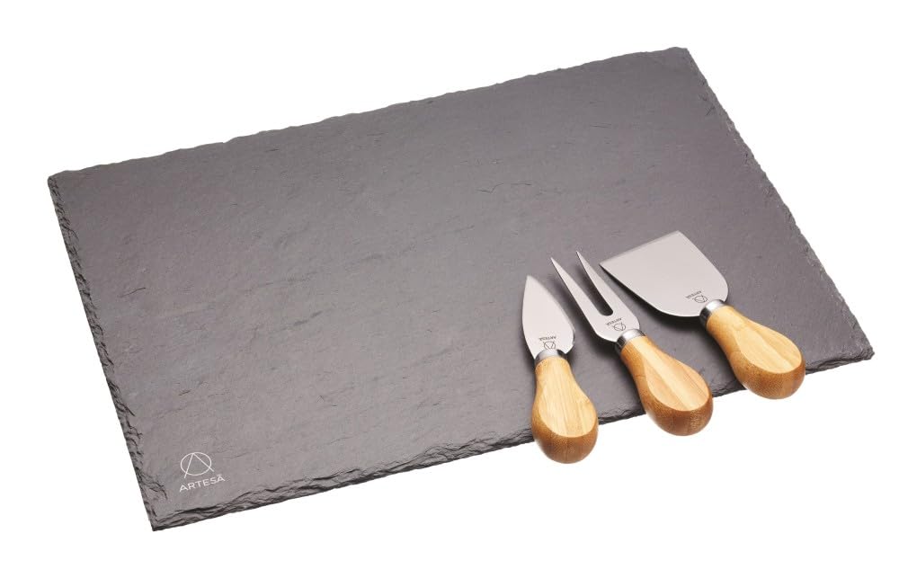 Artesà Slate Cheese Board and Knife Set in Gift Box, 4 Pieces, Black