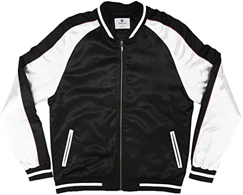 Standard Issue Solid Color Block Satin Baseball Varsity Bomber - Black/White, Black / White, Small
