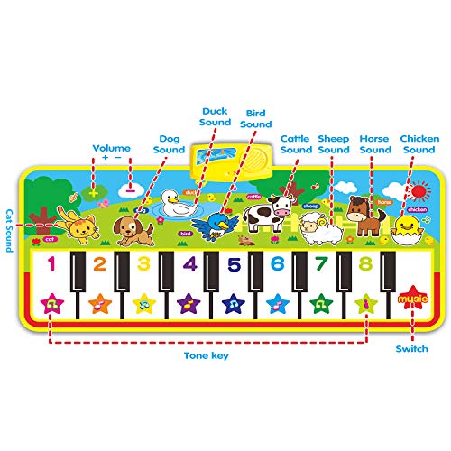 Tencoz Musical Piano Mat, Keyboard Play Mat Portable Musical Blanket with 8 Animal Sounds Dance Mat Educational Toy Gift for Kids Toddler Girls Boys, 53.2 x 23.6 inches