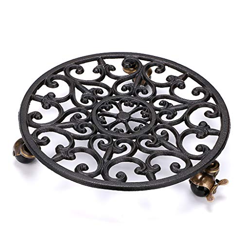 Skelang Plant Stand Diameter 14.6″, Cast Iron Planter Casters with Lock Wheel, Plant Pallet Caddy, Plant Pot Dolly, Rolling Tray, Moving Plant Pot Saucer, Pack of 2