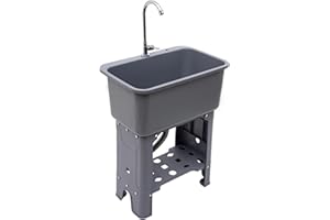 OIVEINYA Plastic Laundry Room Sink,Single Bowl Laundry Utility Room Sinks with Washboard and 360° Rotating Faucet,Large Freestanding Utility Sink for Laundry Bathrooms Restaurants Outdoor (B Style-Gray)