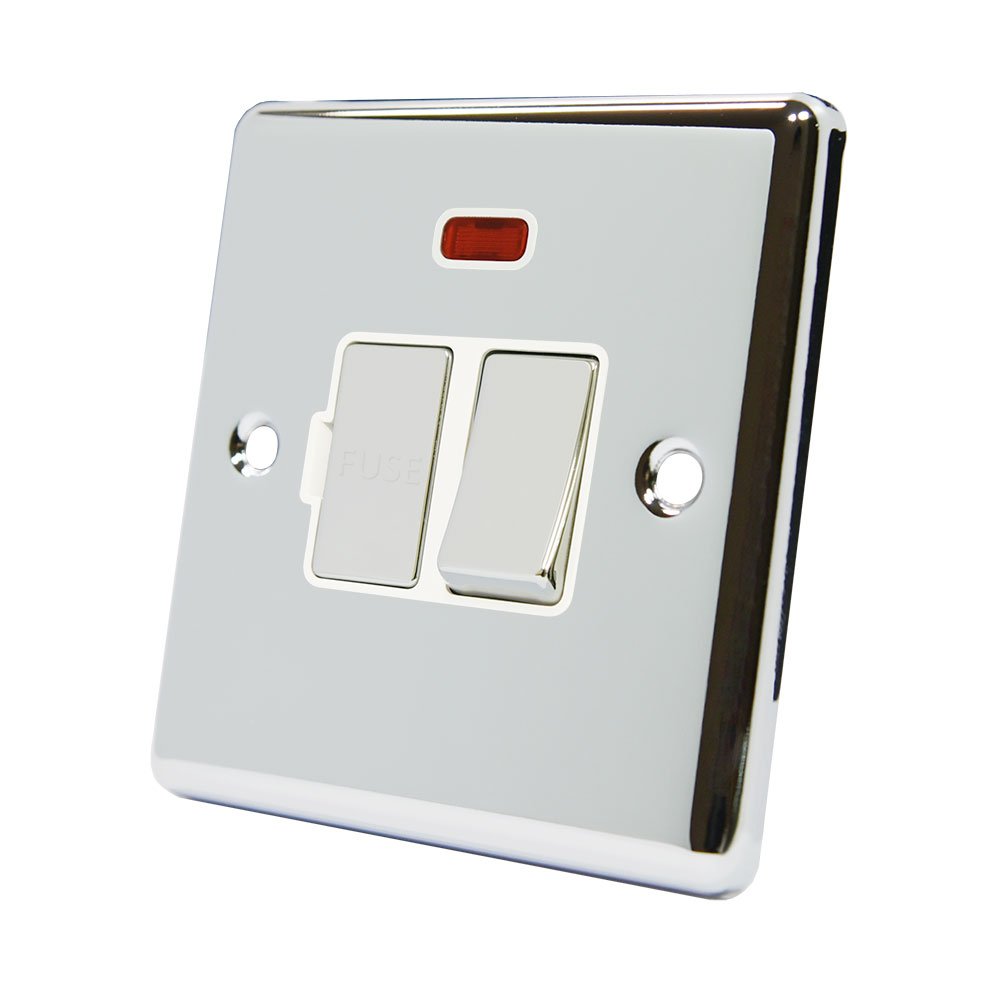 AET CPCSFNWC 13 A Classical Chrome Polished Fused Switched Connection Spur Unit with Neon Indicator and White Insert Metal Rocker Switch