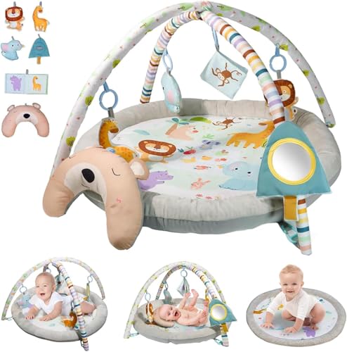 DMG Baby Gym Play Mat with 6 Toys - Multi-Stage Activity Mat for Tummy Time, Lie & Sit Play, Machine Washable Cover with Non-Slip Bottom, Newborn Infant Developmental Toy for Sensory Motor Skills