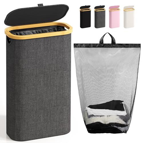 Bathola 75L Slim Laundry Hamper with Lid, Dirty Clothes Hampers for Laundry, Collapsible Laundry Baskets for Small Spaces, Bedroom, Bathroom, Laundry Room, Dark Grey