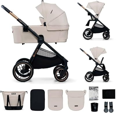NEA 2 Silla de paseo desde el nacimiento hasta los 22 kg, Plegable con una mano, Posición reclinable, Capota grande, 4 ruedas amortiguadas, UPF 50+, Cesta hasta 5 kg, Beige