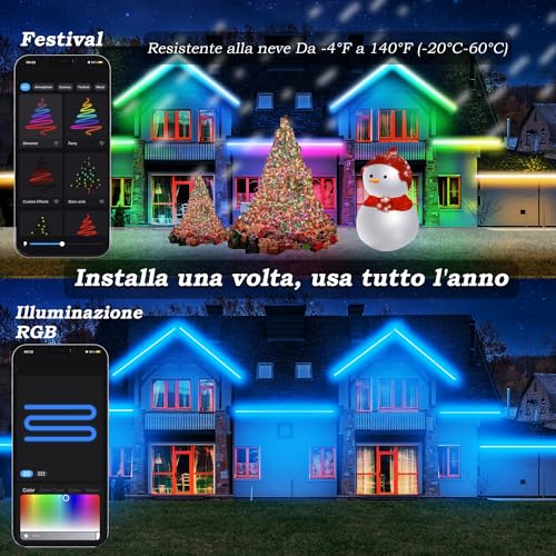 Lichaser Striscia LED per Esterni Strisce LED Impermeabili Fai da te IP67 RGB+IC, Tracciamento e Segmentazione con App BT Etelecomando 2.4G RF per Uso Esterno (20m)