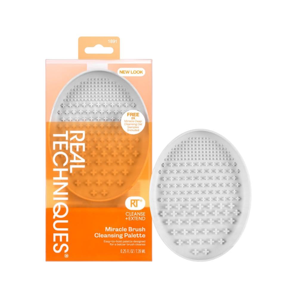 Real Techniques Miracle Brush Cleansing Palette with Silicone Ridges & Collapsible Grip, Deep Clean Makeup Brushes Fast, Includes 2 Cleansing Gel Samples, Vegan, Cruelty-Free, Easy to Use