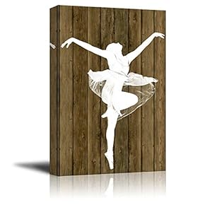 Ballet Dancing Canvas Wall Art - White Ballet Dancer Silhouette on Rustic Wood Background - Stretched Gallery Wrap Ready to Hang Home Decoration - 12x18 inches