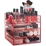 Beautify Large Blush Pink Acrylic Makeup Organizer Cube with 3 Drawers and 6 Upper Storage Compartments with Crystal Handles for Vanity Tables 11.8 x 11.8 x 11 inches