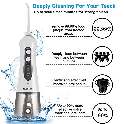 Cordless Water Flosser Oral Irrigator, Nicefeel IPX7 Waterproof Anti-leakage 3-Mode USB Rechargable Professinal Portable Water Dental Flosser with 4 Jet Tips for Braces and Teeth Whitening of Family - Thumbnail 3