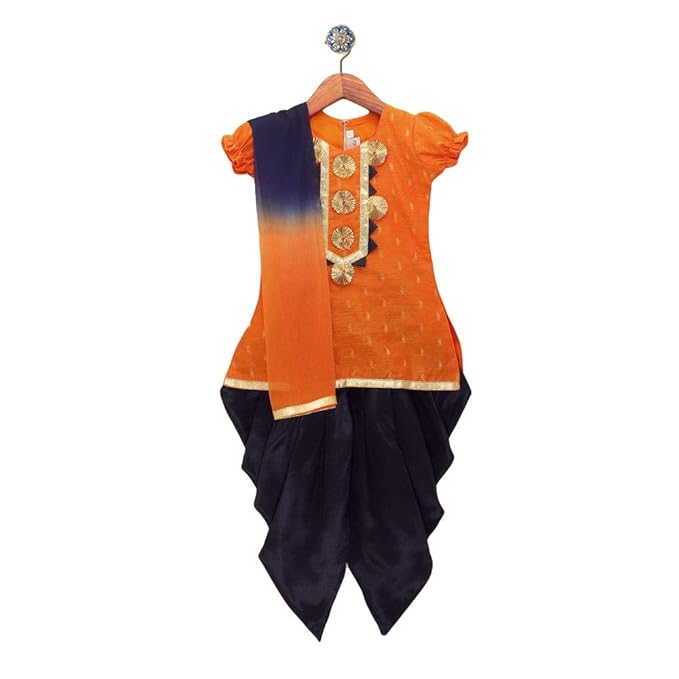 BownBee By Hopscotch Girls Chanderi & Santoon Embroidered Short Sleeves Kurta And Bottle Dhoti Set in Orange Color