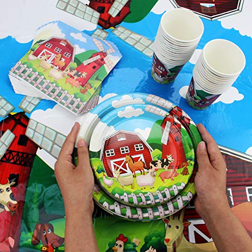 177 Piece Farm Animal Party Supplies Set Including Banner, Plates, Cups, Napkins, Tablecloth, Spoon, Forks, and Knives, Serves 25