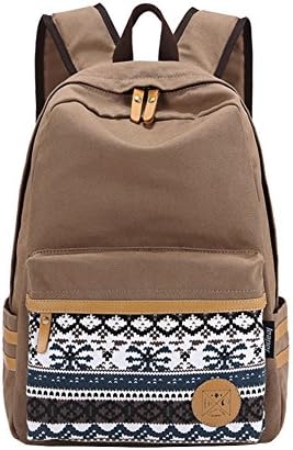 Qiaoshubao Women's Canvas Ethnic Embroidery Pattern Travel Daypack Campus Backpack with Interior Pockets (Khaki)