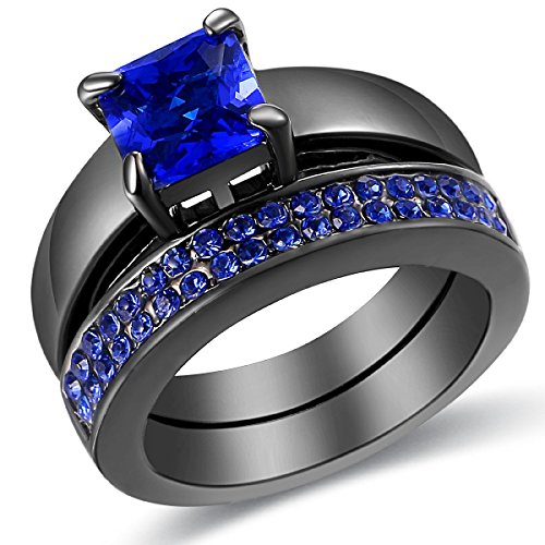 2 Piece Blue Diamond Black Gold Plated Princess Cut Wedding Engagement Ring Set Size 5-11