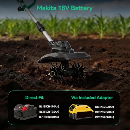 Battery Tiller with Shoulder Strap & Digital Display | Brushless Motor 500W | Width 23 cm | Compatible Makita Batteries 18 V & DeWalt 20 V | Cordless Electric Motorcycle 21 V