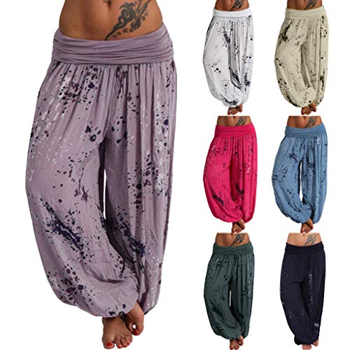 Respctful✿Women's Comfy Stretch Floral Print Drawstring Palazzo Wide Leg Lounge Pants Casual Loose Elastic Waist Harem Pants Blue