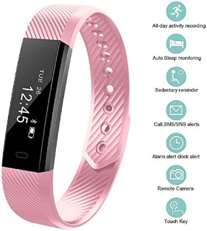 OMN Fitness Tracker Smart Bracelet Bluetooth Call Remind Remote Self-Timer Smart Watch Activity Tracker Calorie Counter Wireless Pedometer Sport Band Sleep Monitor For Android iOS Phone (Pink)