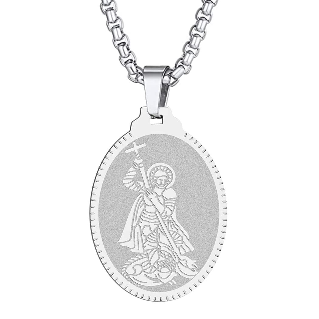 St Christopher Necklace Saint Michael George Barbara Pendant Women Men The Seal of The Seven Archangels Charm Chain Religious Medal Medallion Disc Jewelry Christian Gift (St George-206S)