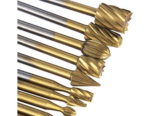Tonsiki 10pcs Titanium-Coated Rotary Burr Set with 1/8" Shank for DIY Woodworking, Carving, Engraving, Drilling