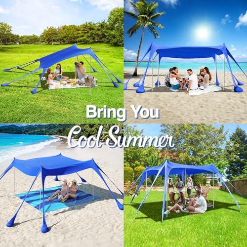 Rhino Valley 3 x 3 m Ultra Stable Portable Beach Tent, UV Protection UPF50+ Super Windproof Beach Tent with 8 Fillable Sand Anchors and 4 Aluminium Rods
