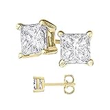 PRINCESS 2.00 Carat Yellow Gold Sterling Silver Princes CZ Stud Earrings 1.00 Carat Each Stone with Heavy Prongs