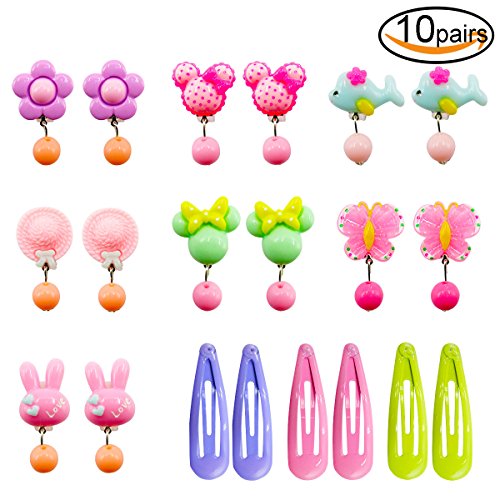 image for 7 Pair Pretend Clip-on Earrings with Pendants for Girls and 3 Pair Hai