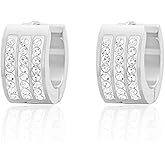 Edforce Stainless Steel Women's 3 Rows of 8 AAA Cubic Zirconia Stones Huggie Hoop Earrings