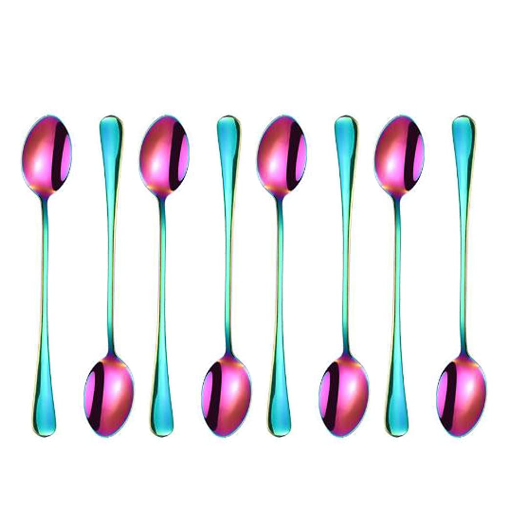 Hoshen 7.6 Inch Stainless Steel Ice Spoon, Mixing Spoon, Long-Handled Dessert Coffee Spoon, Ice Cream Spoon, Cocktail Mixing Spoon，Pack of 8，Colorful