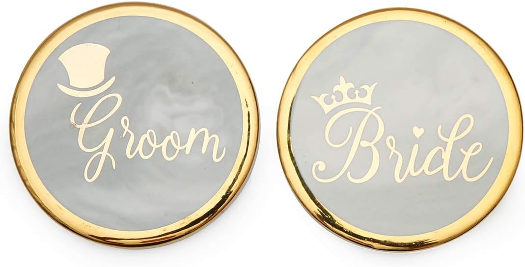 Luspan Groom and Bride Gold&Marble Stone Coasters Set of 2 - Grey Marble Stone Coasters 3.7 Inches in Diameter - Prefect Match with Groom and Bride Coffee Mugs for Couples
