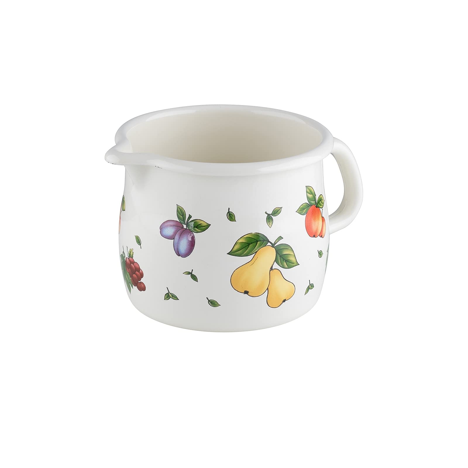 RIESS, 0094-068 Sippy Pot, Bulged, 12 1.0 L, Country - Fruit Garden, Diameter 12 cm, Capacity 1.0 litres, Height 11.3 cm, Enamel, White with Fruit Decoration, Induction